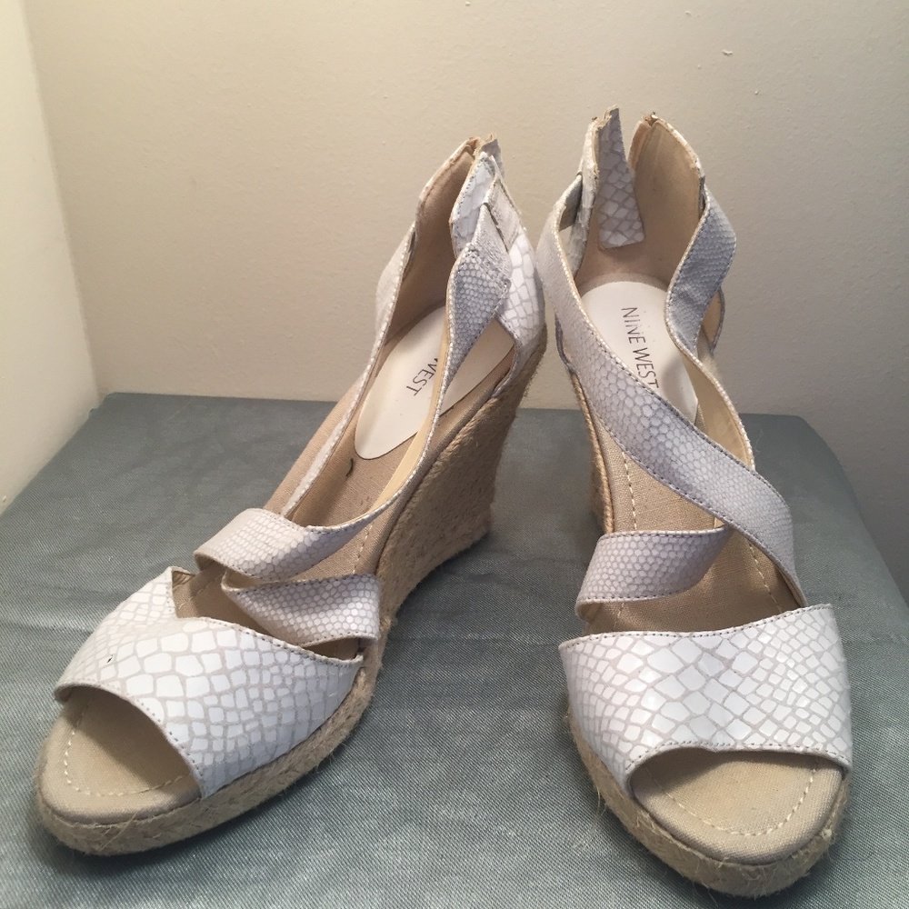 NINE WEST White Textile Wedge Sandal